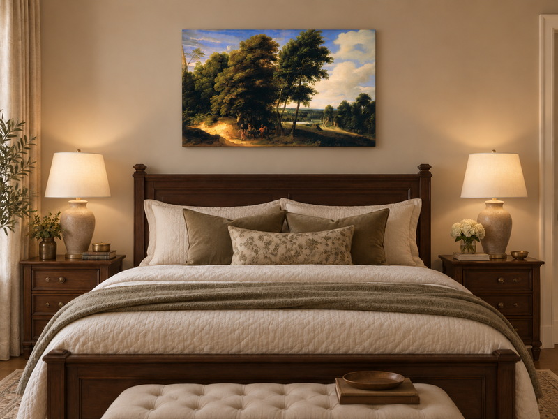 Hand-painted Woodland Road with Riders at Dusk landscape oil painting displayed as wall art in a styled interior