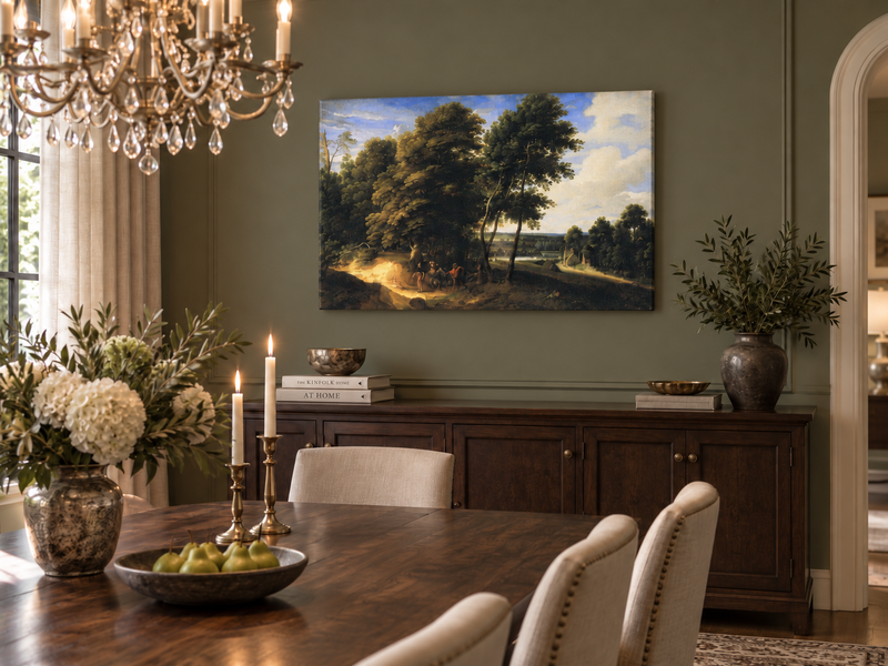 Hand-painted Woodland Road with Riders at Dusk landscape oil painting displayed as wall art in a styled interior