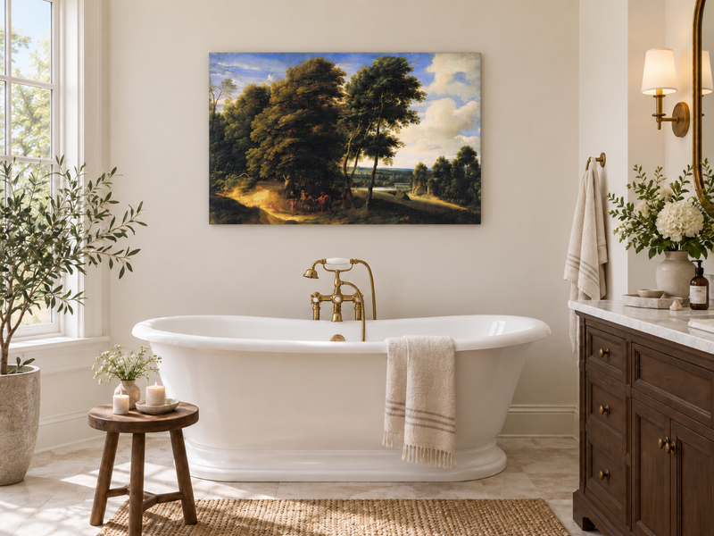 Hand-painted Woodland Road with Riders at Dusk landscape oil painting displayed as wall art in a styled interior