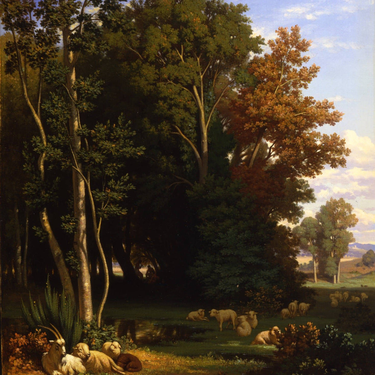 Landscape Oil Painting - Woodland Sheep Rest Under Tall Trees - Oil Painting Haven