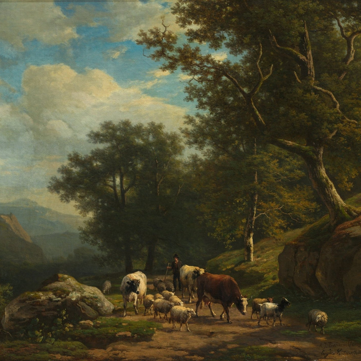 Landscape Oil Painting - Woodland Shepherd with Sheep and Cattle - Oil Painting Haven