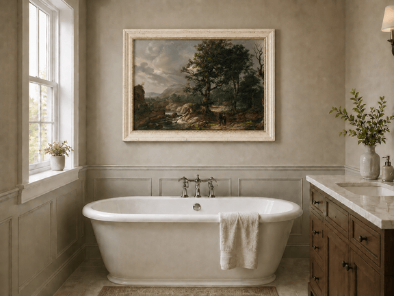 Woodland stream landscape oil painting presented as interior home decor.