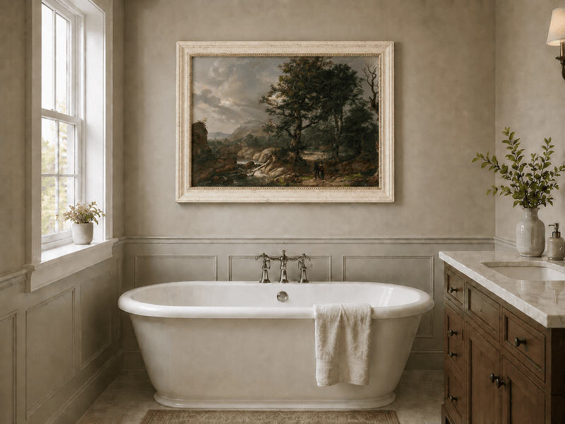 Woodland stream landscape oil painting presented as interior home decor.