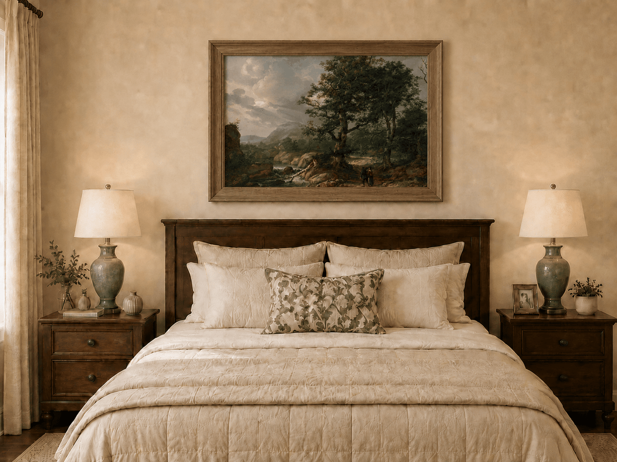 Hand-painted woodland stream and mountain path displayed as decorative wall art.