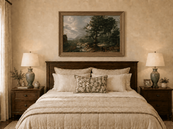 Hand-painted woodland stream and mountain path displayed as decorative wall art.