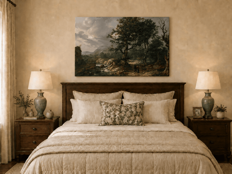 Woodland stream and mountain path oil painting displayed as landscape wall decor.