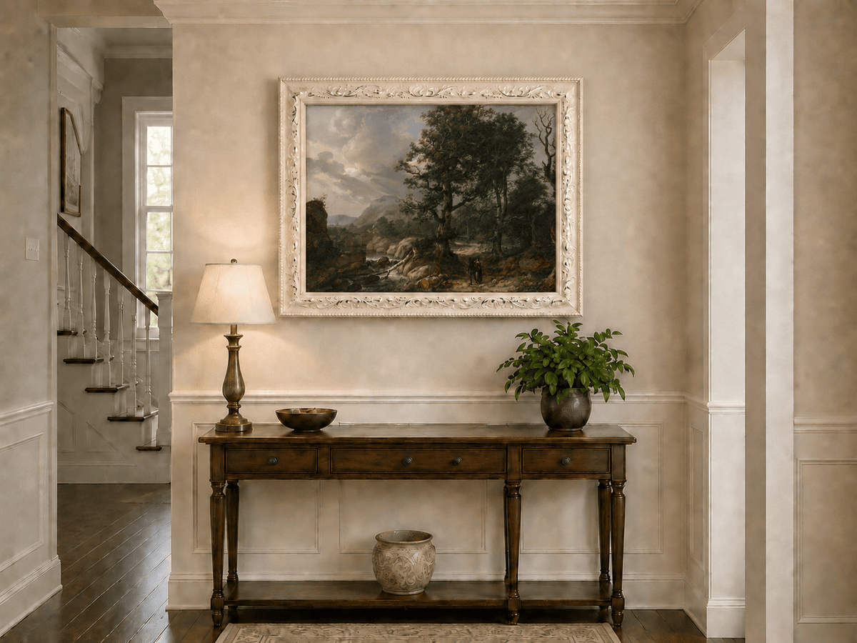Woodland stream and mountain path hand-painted oil artwork shown as home wall decor.