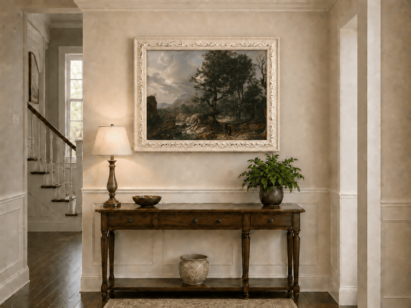 Woodland stream and mountain path hand-painted oil artwork shown as home wall decor.