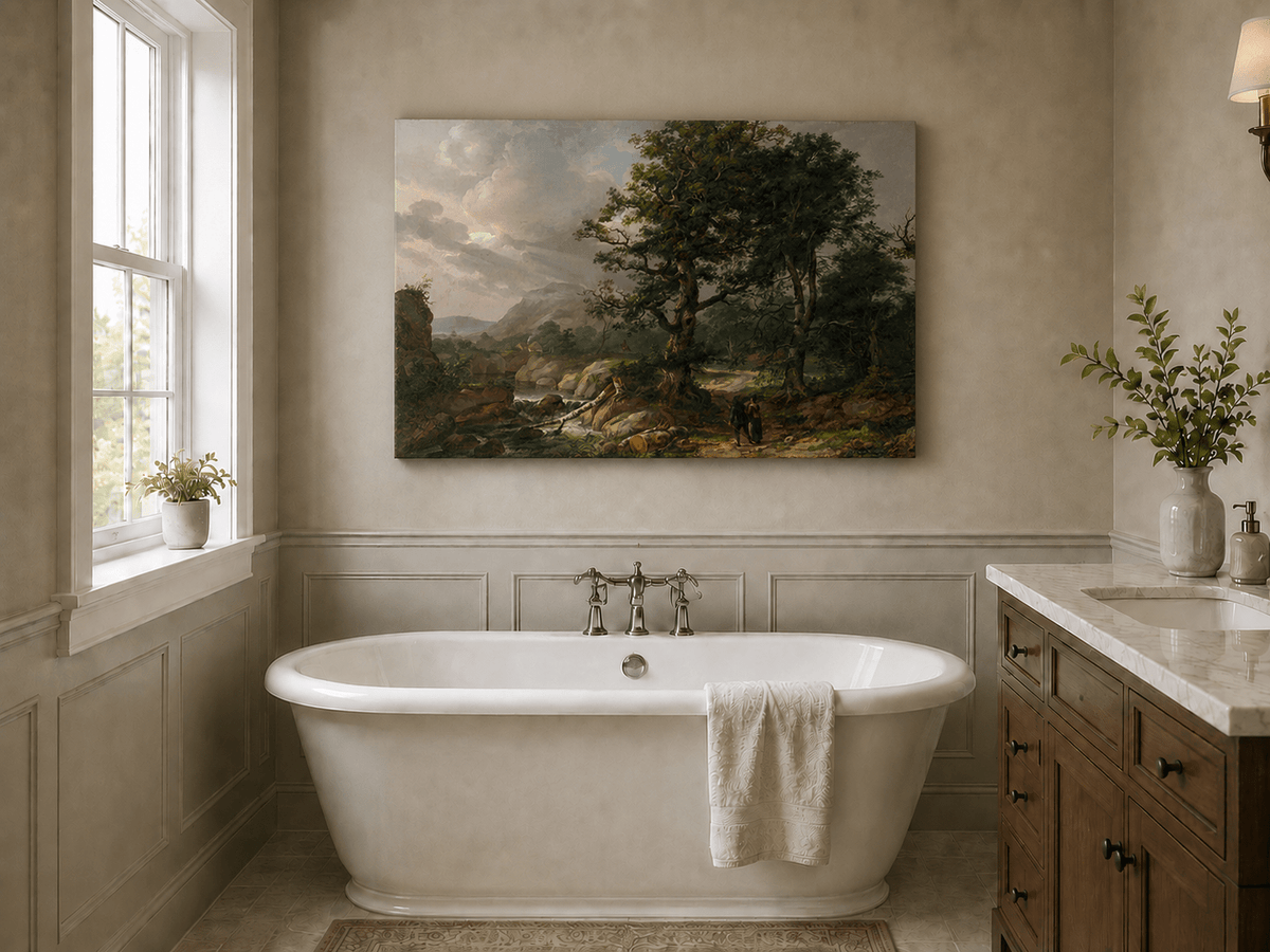 Woodland stream and mountain path landscape oil painting presented as styled home decor.