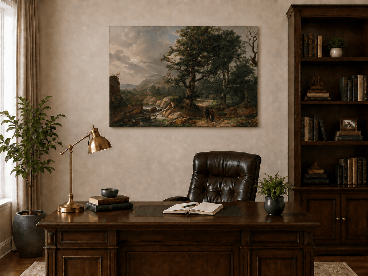 Interior wall art view featuring a woodland stream and mountain path oil painting.