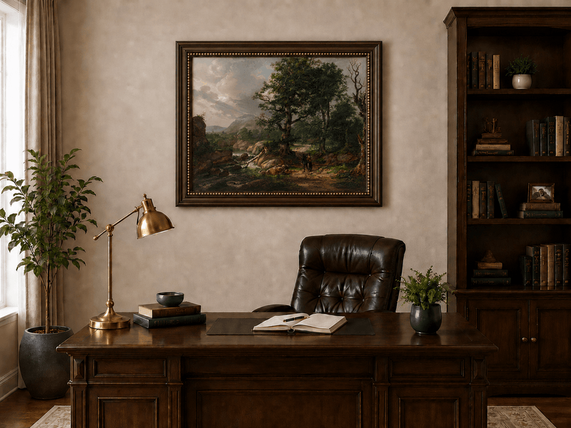 Mountain path beside a woodland stream landscape oil painting presented in an interior wall art mockup.