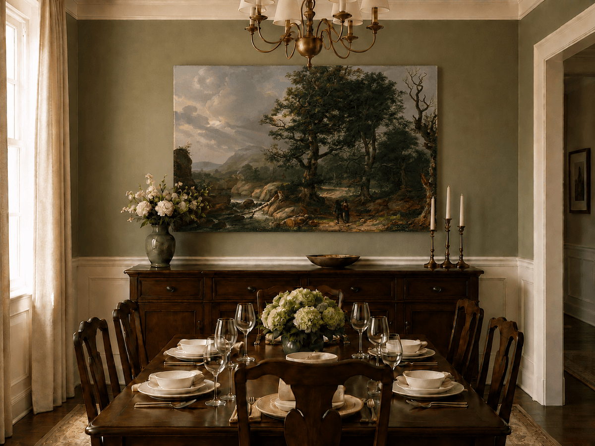 Hand-painted woodland stream landscape artwork in an interior display.