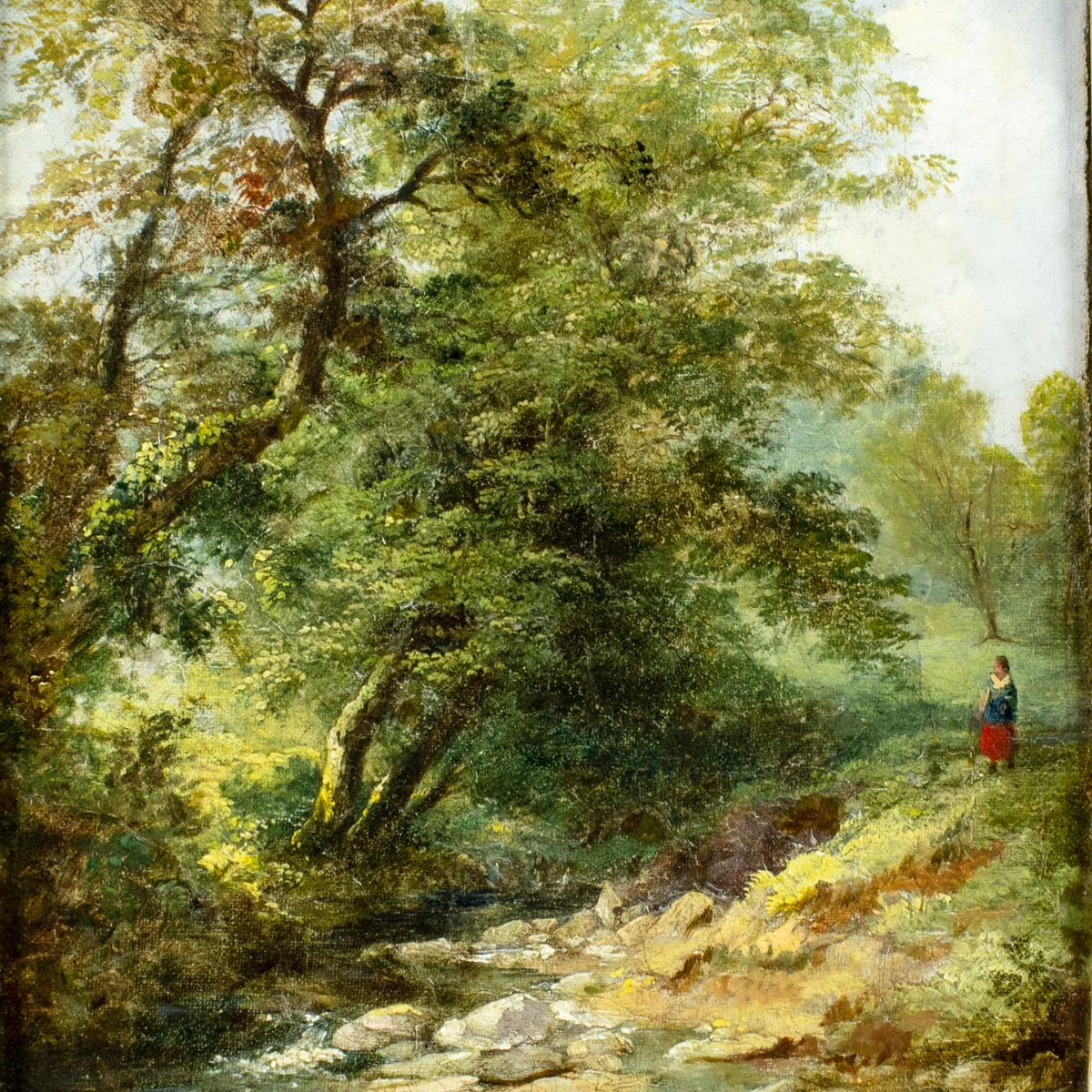 Hand-painted woodland stream and solitary figure landscape oil painting on canvas