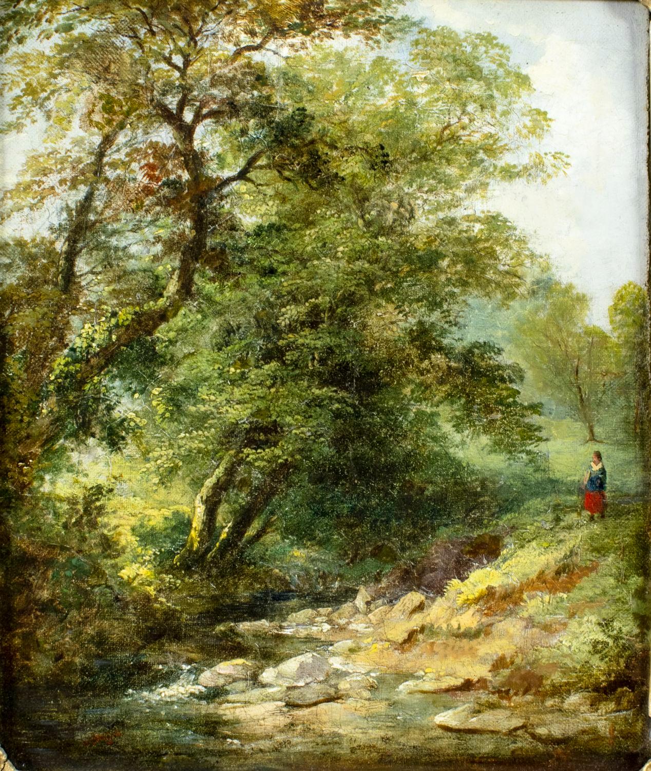 Hand-painted woodland stream and solitary figure landscape oil painting on canvas