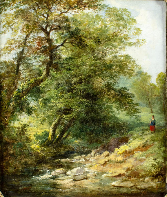 Hand-painted woodland stream and solitary figure landscape oil painting on canvas