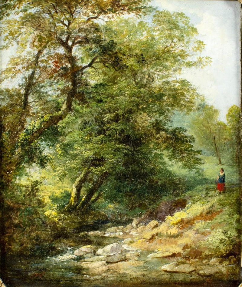 Hand-painted woodland stream and solitary figure landscape oil painting on canvas