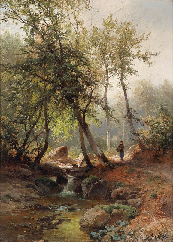 Landscape Oil Painting - Woodland Stream, Figure, Trees & Mossy Rocks - Oil Painting Haven