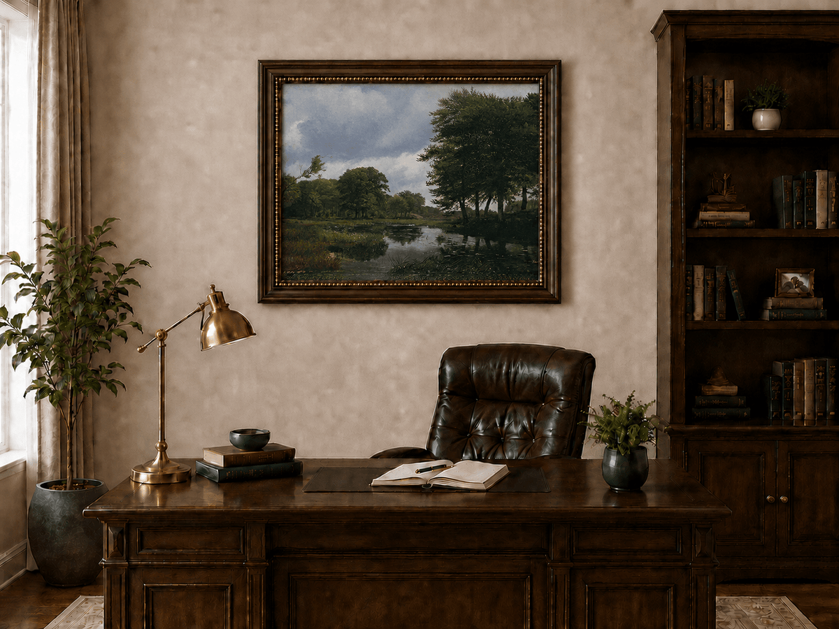 Landschaft Ölgemälde – Wald Bach, Reflexionen & Wolkig