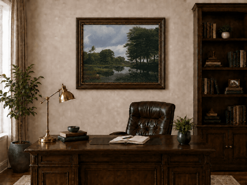 Landschaft Ölgemälde – Wald Bach, Reflexionen & Wolkig