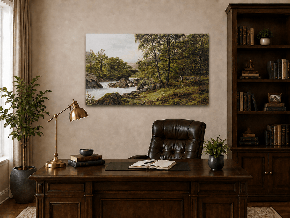 Landscape Oil Painting - Woodland stream scene & tumbling waters