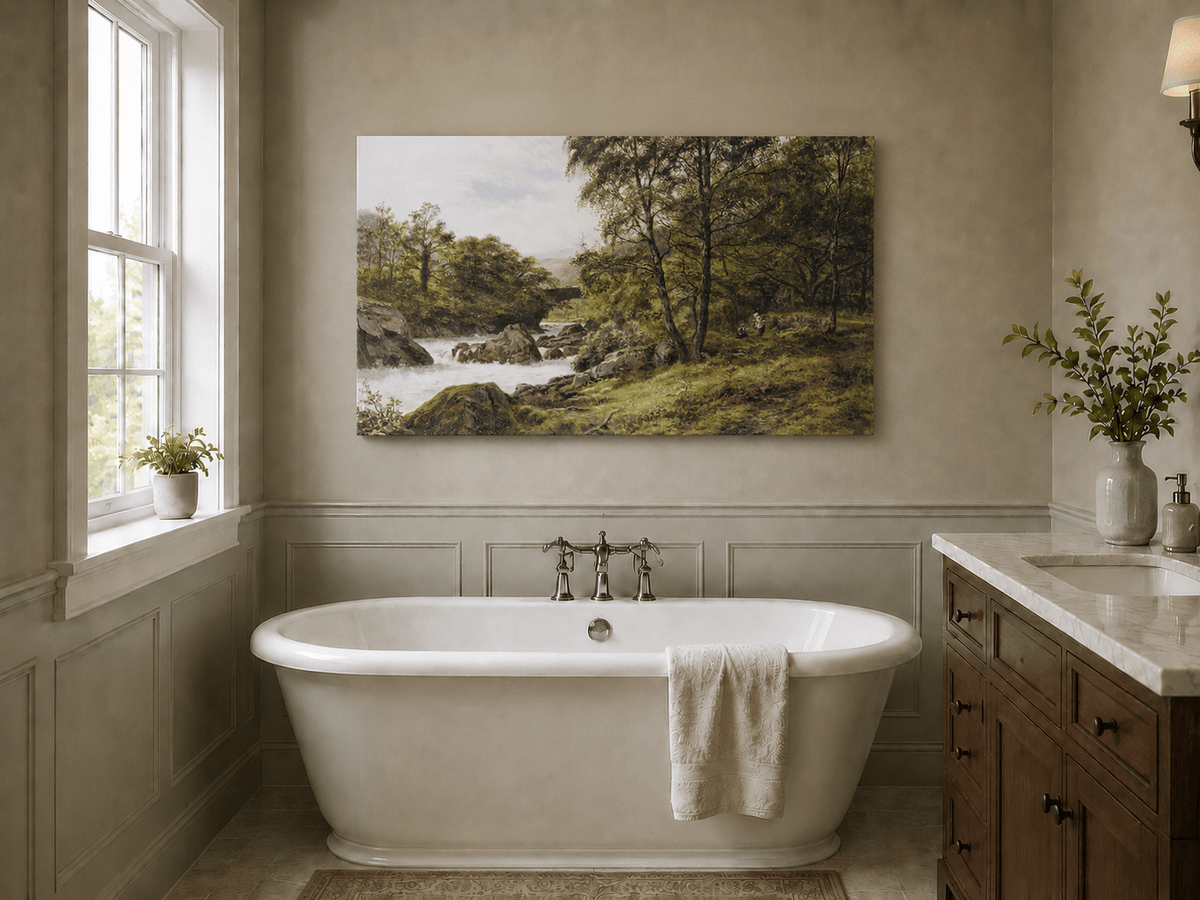 Landscape Oil Painting - Woodland stream scene & tumbling waters