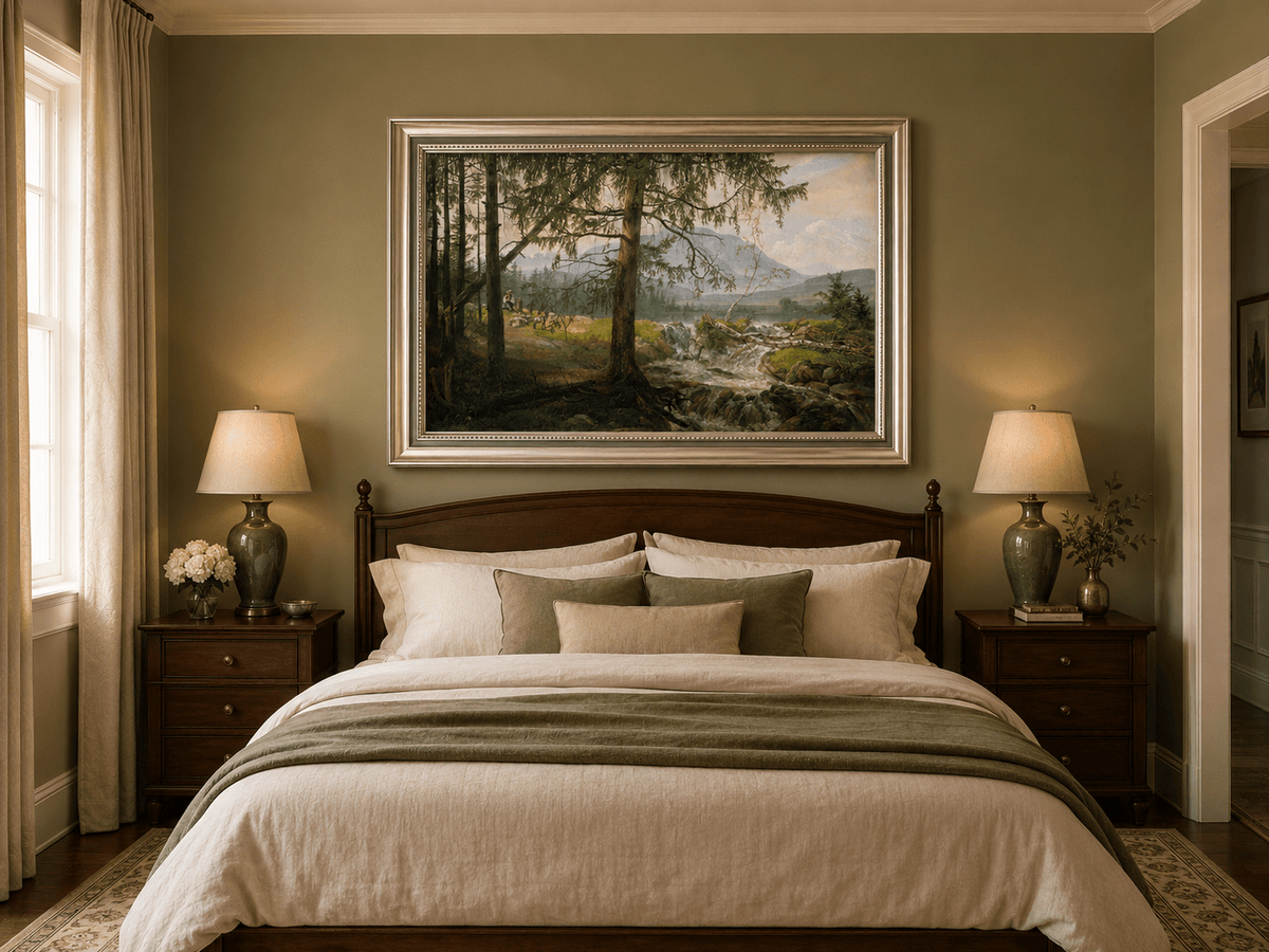 Hand-painted woodland stream with shepherd and pine trees displayed as decorative wall art.