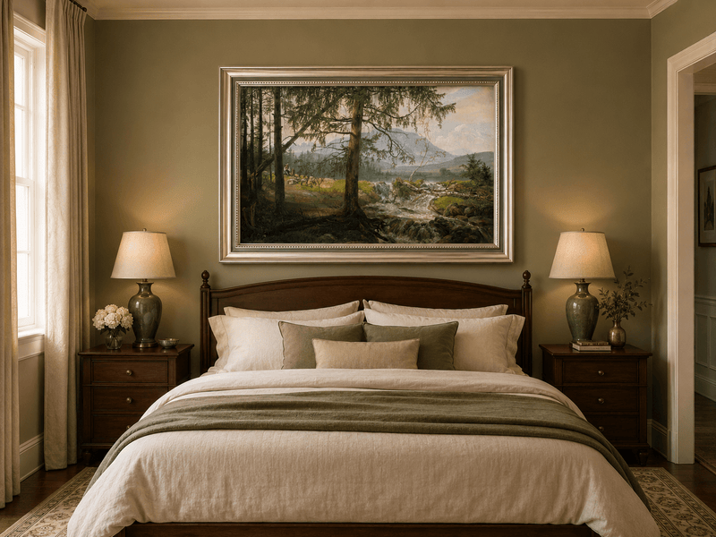 Hand-painted woodland stream with shepherd and pine trees displayed as decorative wall art.