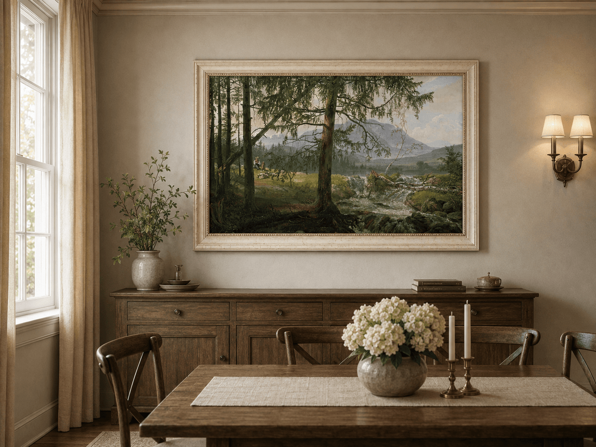 Woodland stream and goats oil landscape artwork shown in a styled home interior.