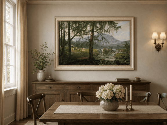 Woodland stream and goats oil landscape artwork shown in a styled home interior.
