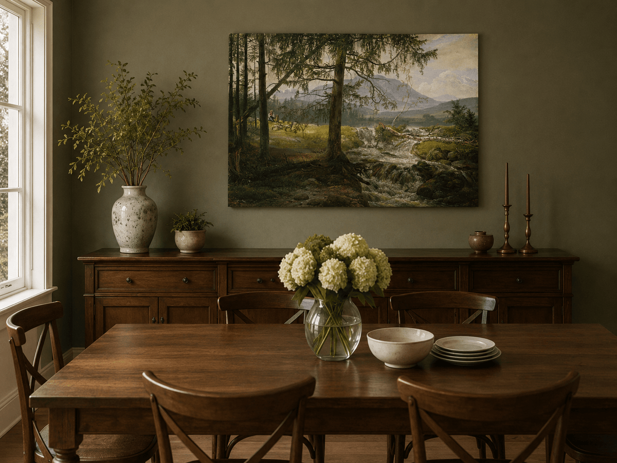 Hand-painted woodland stream and shepherd landscape artwork in an interior display.