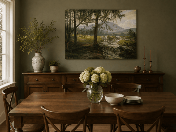 Hand-painted woodland stream and shepherd landscape artwork in an interior display.