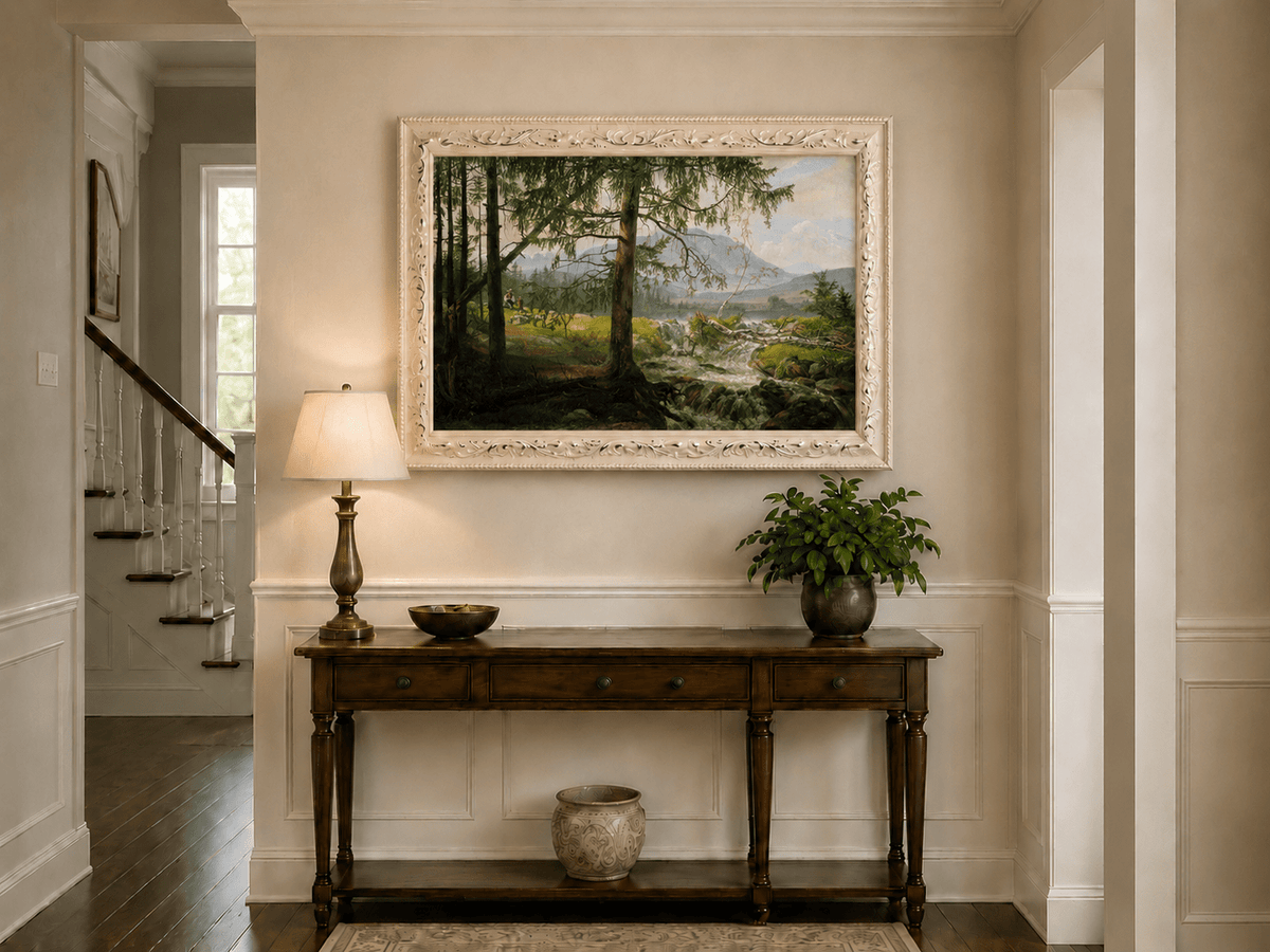 Woodland stream, shepherd, pine trees and goats hand-painted oil artwork shown as home wall decor.