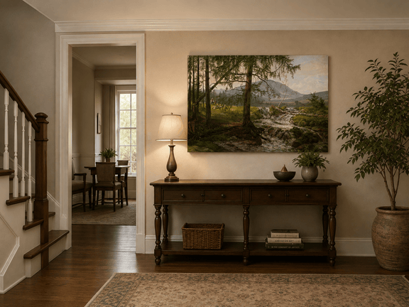 Pine woodland landscape painting shown as decorative oil wall art.