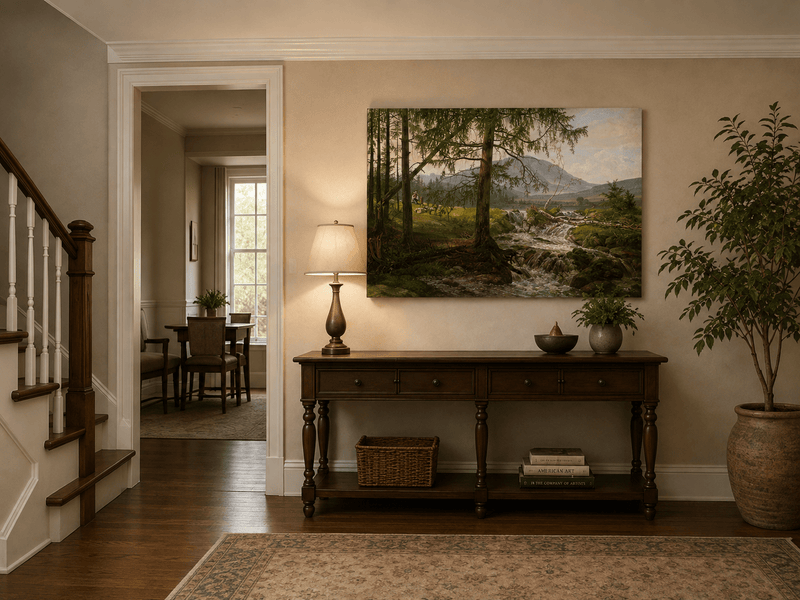 Pine woodland landscape painting shown as decorative oil wall art.