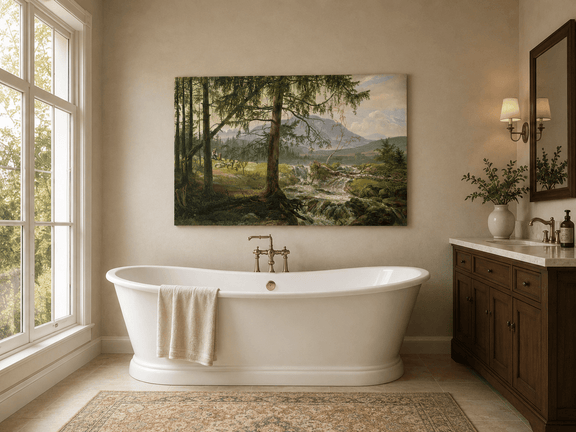 Woodland stream landscape oil painting presented as interior home decor.
