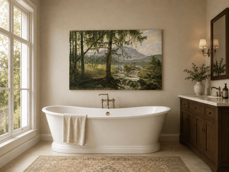 Woodland stream landscape oil painting presented as interior home decor.