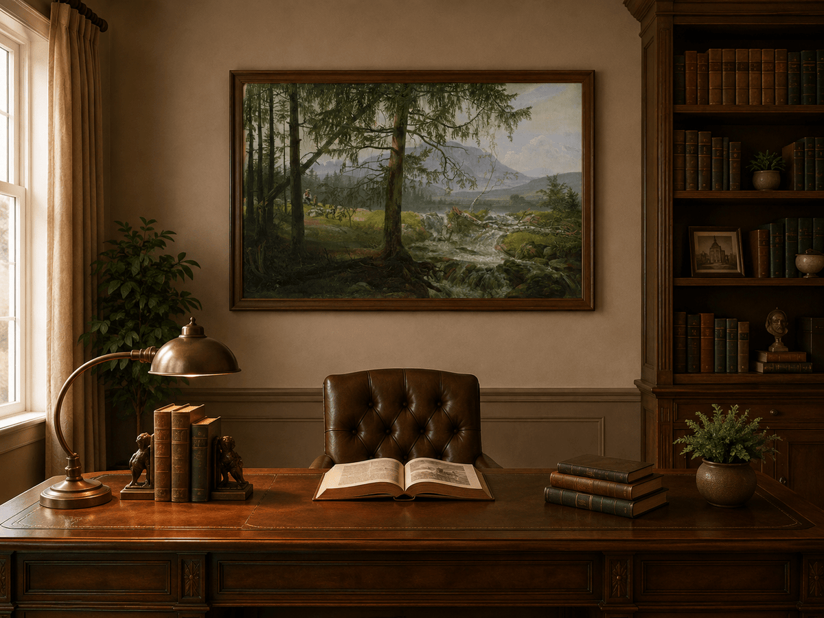 Woodland stream with shepherd and goats landscape oil painting presented in an interior wall art mockup.