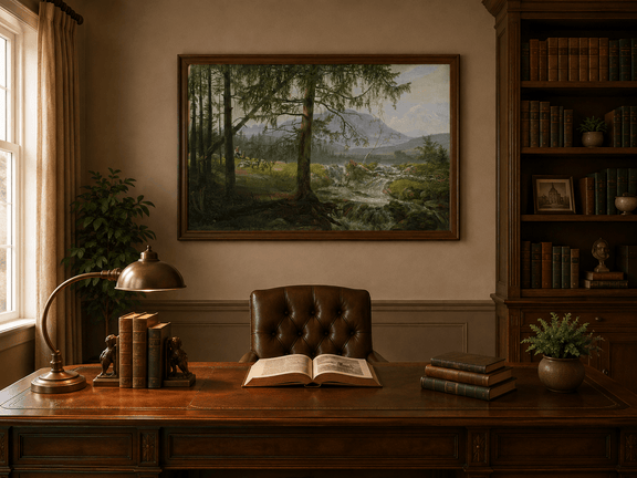 Woodland stream with shepherd and goats landscape oil painting presented in an interior wall art mockup.