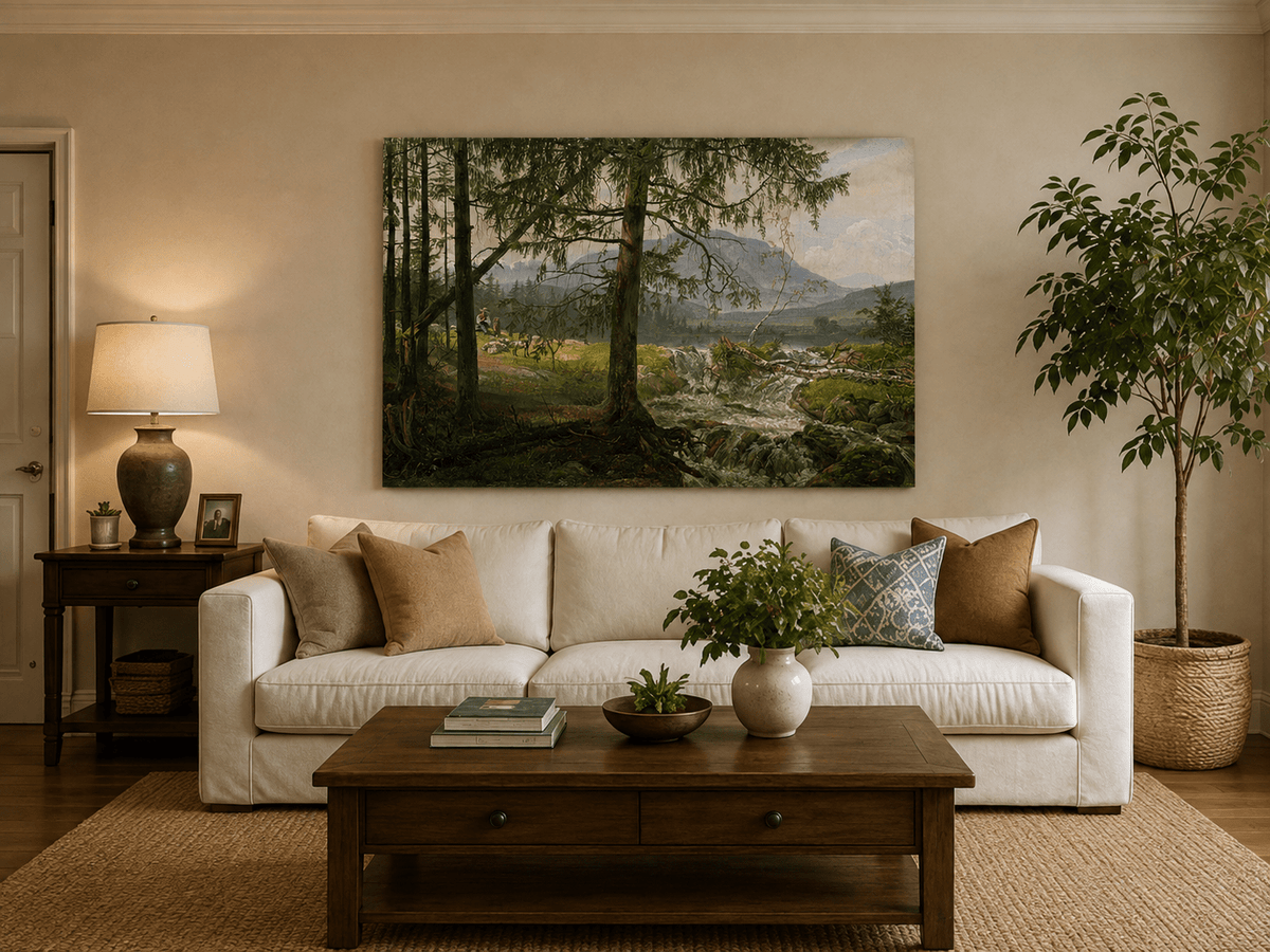 Shepherd and woodland stream hand-painted oil artwork displayed in a second interior view.