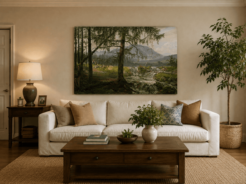 Shepherd and woodland stream hand-painted oil artwork displayed in a second interior view.