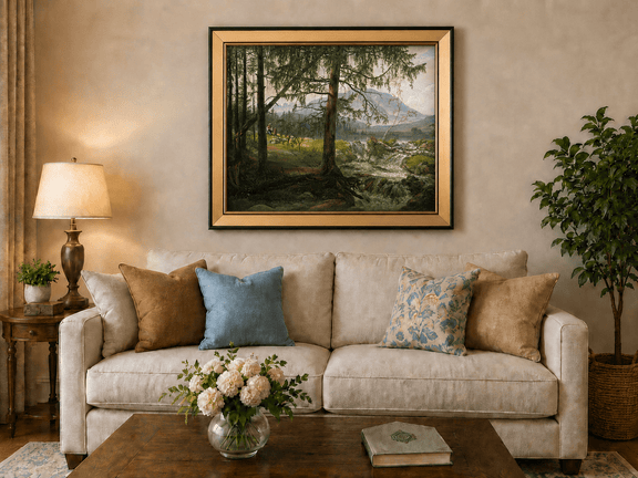 Woodland stream with shepherd, pines and goats landscape oil painting displayed in a styled home interior.
