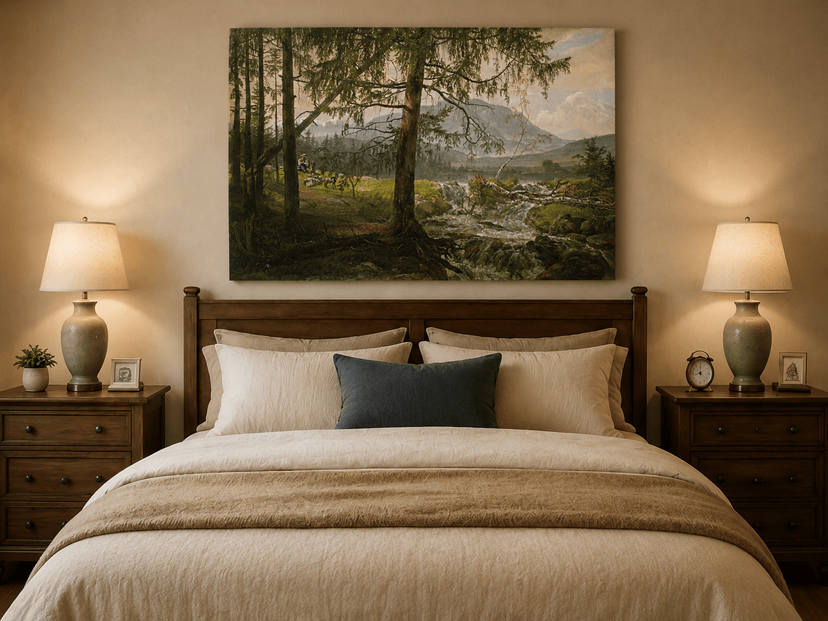 Woodland stream and goats oil painting displayed as landscape wall decor.
