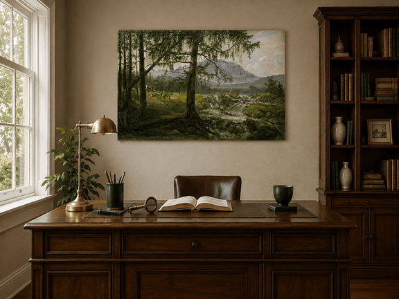 Interior wall art view featuring a woodland stream with shepherd, pines and goats oil painting.