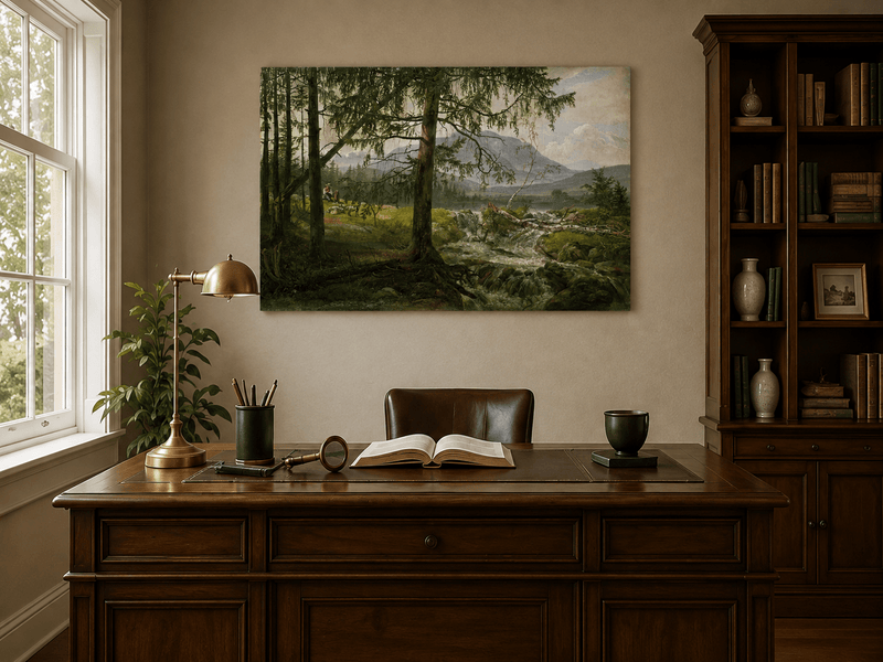 Interior wall art view featuring a woodland stream with shepherd, pines and goats oil painting.