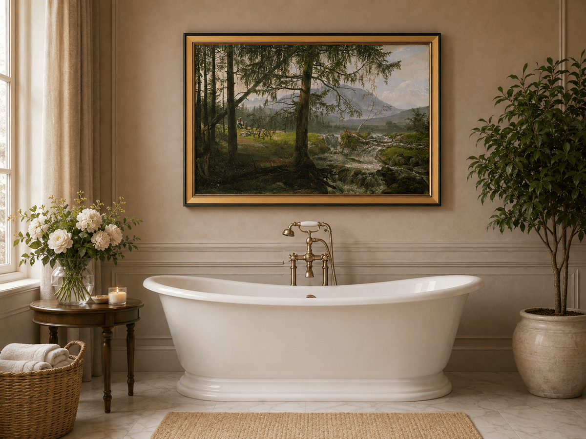 Woodland stream with shepherd, pines and goats landscape oil painting presented as styled home decor.