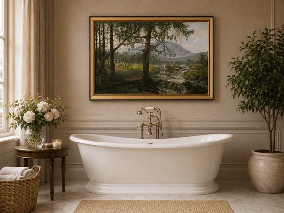Woodland stream with shepherd, pines and goats landscape oil painting presented as styled home decor.