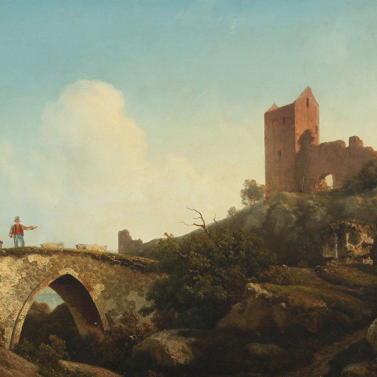 Landscaps Oil Painting - Hilltop Castle Ruins and Stone Bridge - Oil Painting Haven