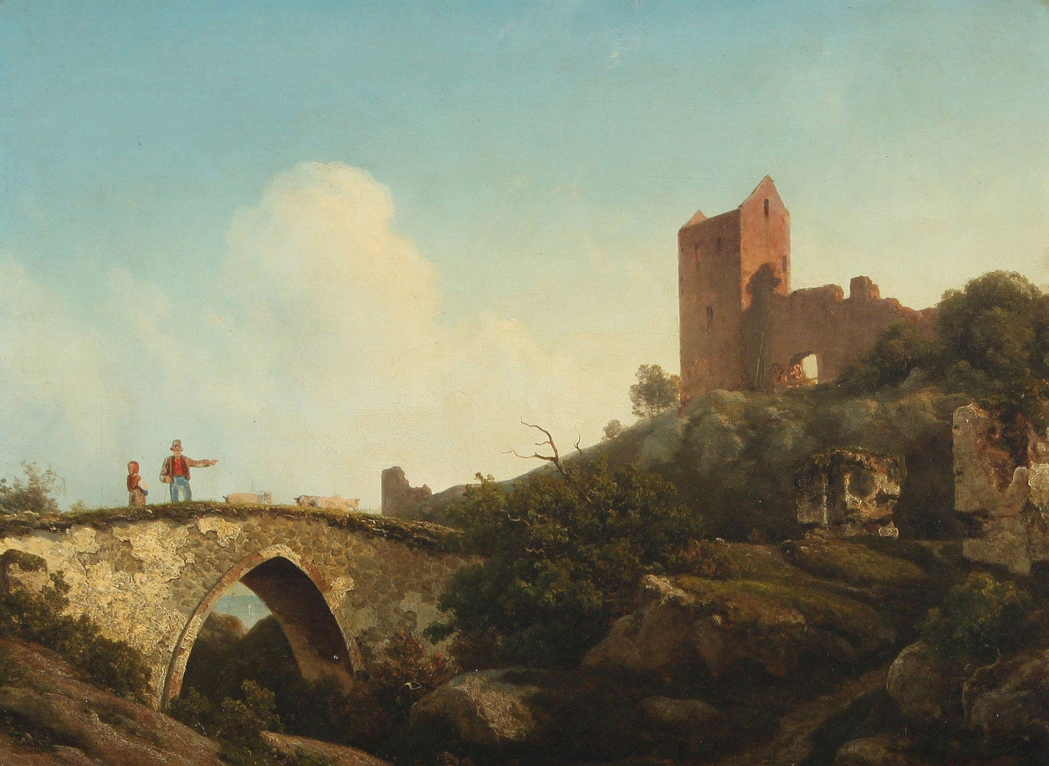 Landscaps Oil Painting - Hilltop Castle Ruins and Stone Bridge - Oil Painting Haven