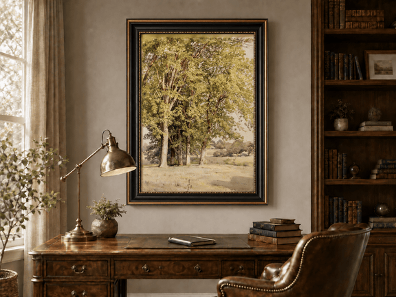 Framed hand-painted rural landscape oil painting with leafy trees and a grassy field displayed above a traditional home office desk.