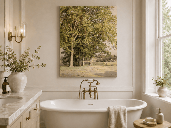 Unframed hand-painted rural landscape oil painting with leafy trees and a grassy field displayed above a freestanding bathtub.